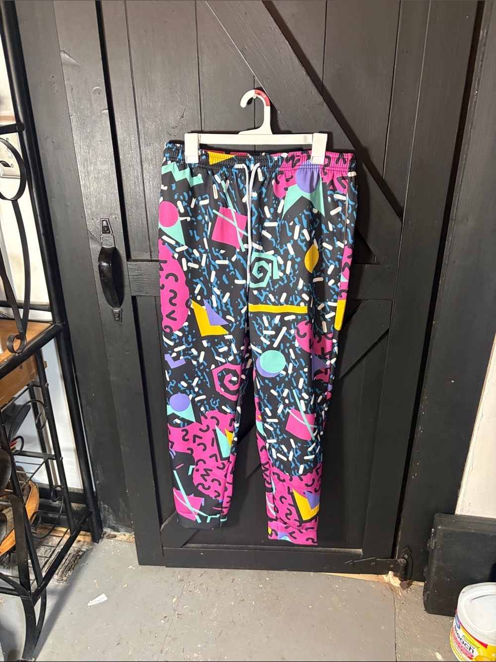 Colorful Retro Print Track Pants - Black with Pink, Teal & Yellow Accents